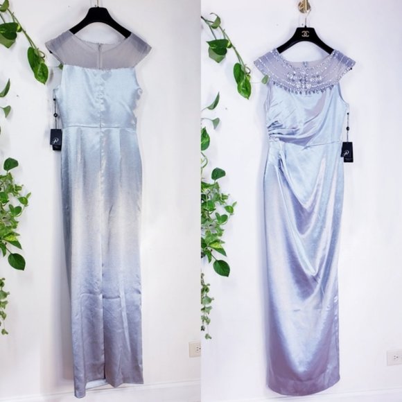 $299 NWT ADRIANNA PAPELL Women's Silver Maxi Dress 4 SMALL Mesh Beaded Ruched - Picture 10 of 12